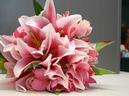pink lily and frangipani bouquet