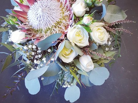 king protea with cottage roses and polyanthemos wedding flowers gold coast